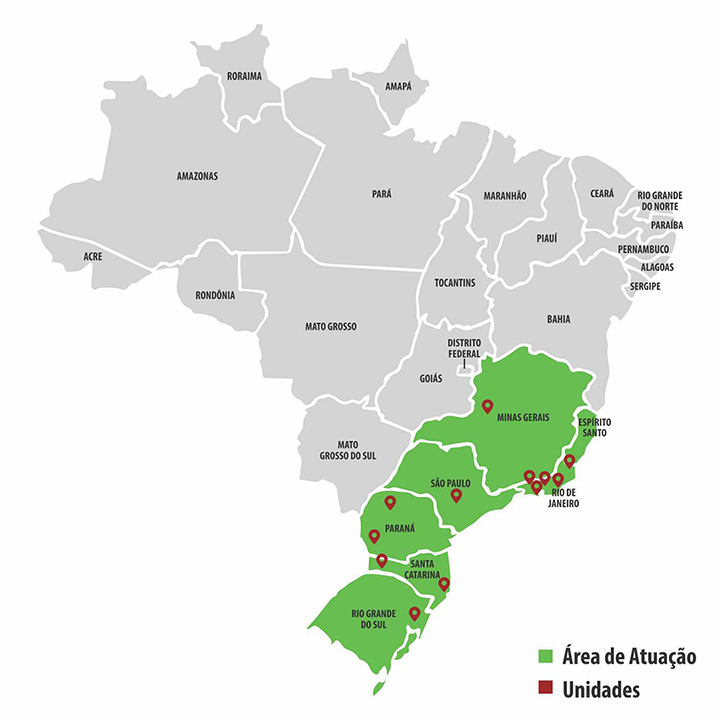 Mapa com as unidades da Servioeste pelo Brasil